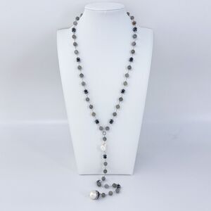 Vintage Sterling Silver 925 Labradorite, Hematite, Pearl Drop Necklace 20.5"